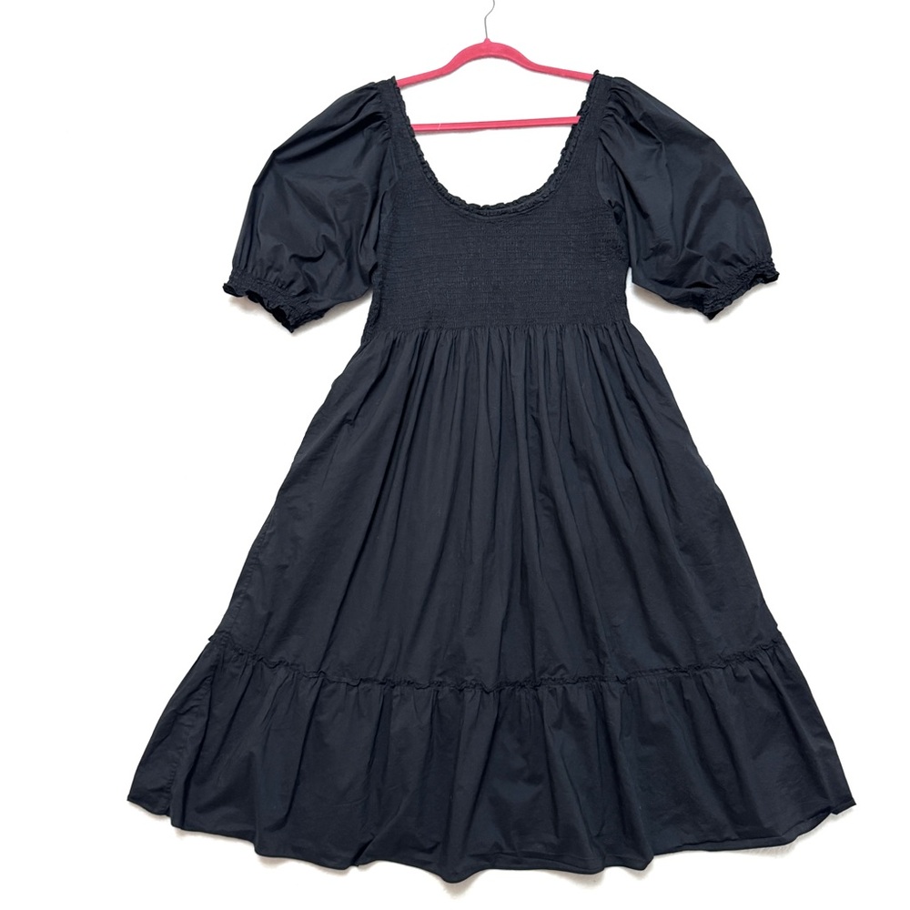 Black Smocked Midi Dress with Puff Sleeves - Picture 3 of 10